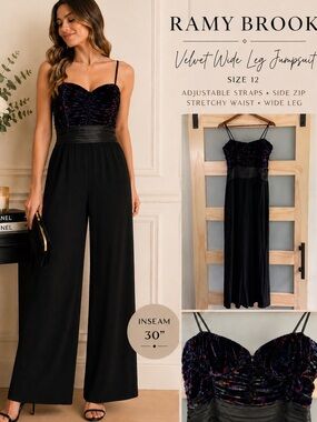 Ramy Brook Velvet Wide Leg Jumpsuit Black Metallic Bustier Adjustable Size 12